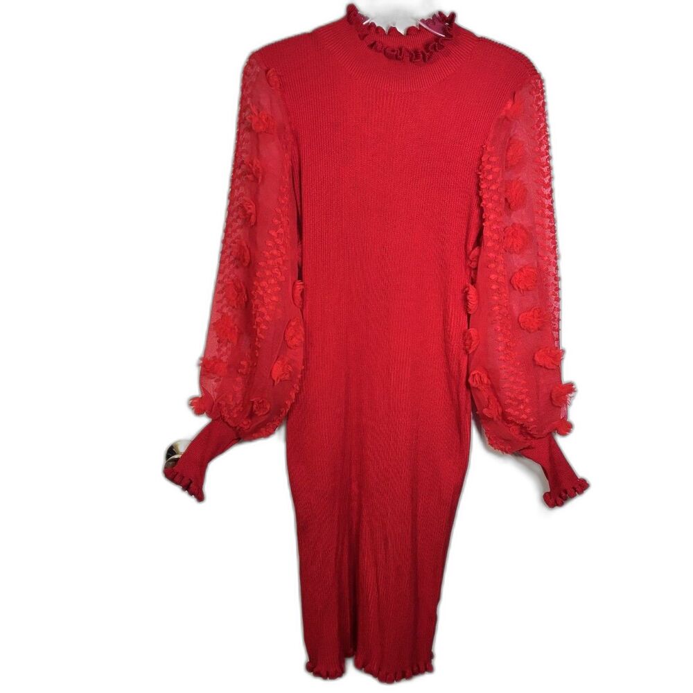NWT Almost Famous Red 3D Floral Sheer Sleeve Bodycon Midi Dress M